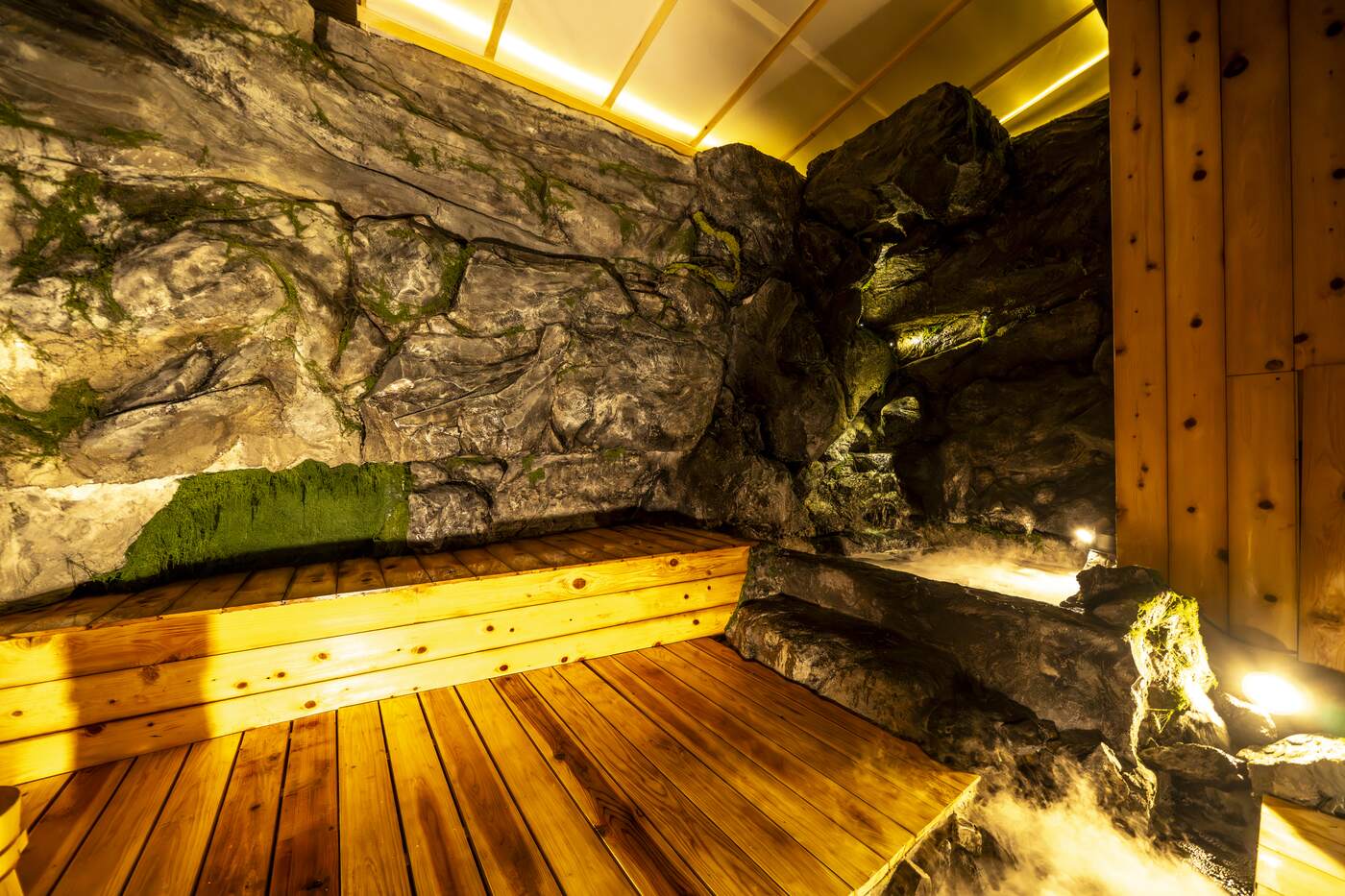 Stone bath deck at night